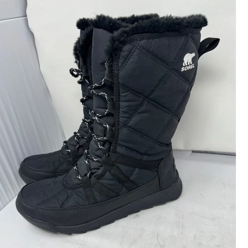 🔥Sorel Whitney🖤Tall Lace Black insulated Waterproof Winter Snow Boots‎ Fur 7.5